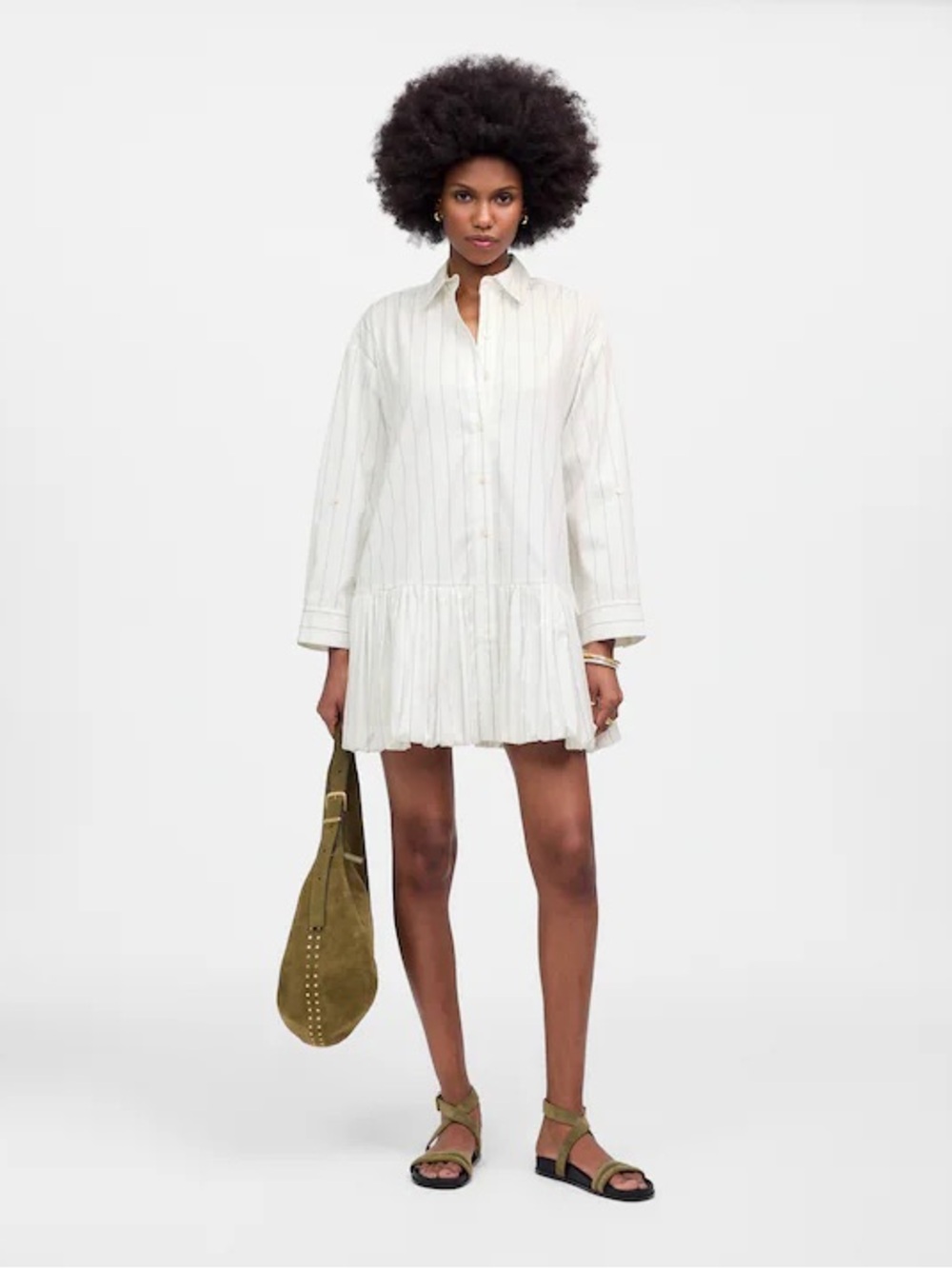 Madewell Bubble Hem Mini Shirtdress in Pinstripe Poplin White Size Large NEW